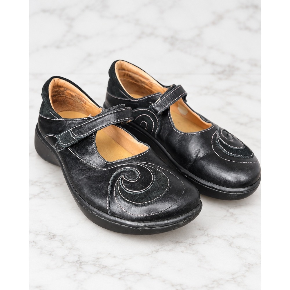 Naot Women Black Leather Swirl Stitch Mary Jane Comfort Shoes Size 39 EU 8 US